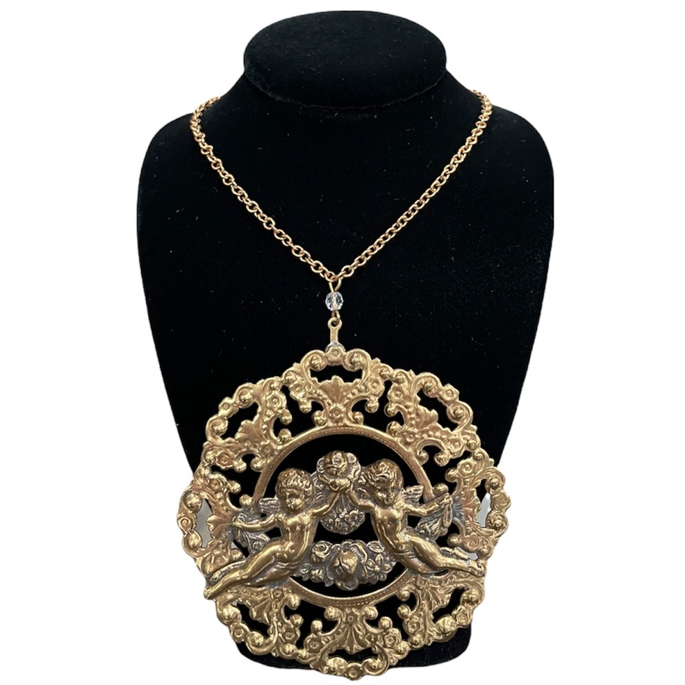 Angel Pendant Necklace Victorian Floral Cherubs Renaissance Boho Gypsy Festival
